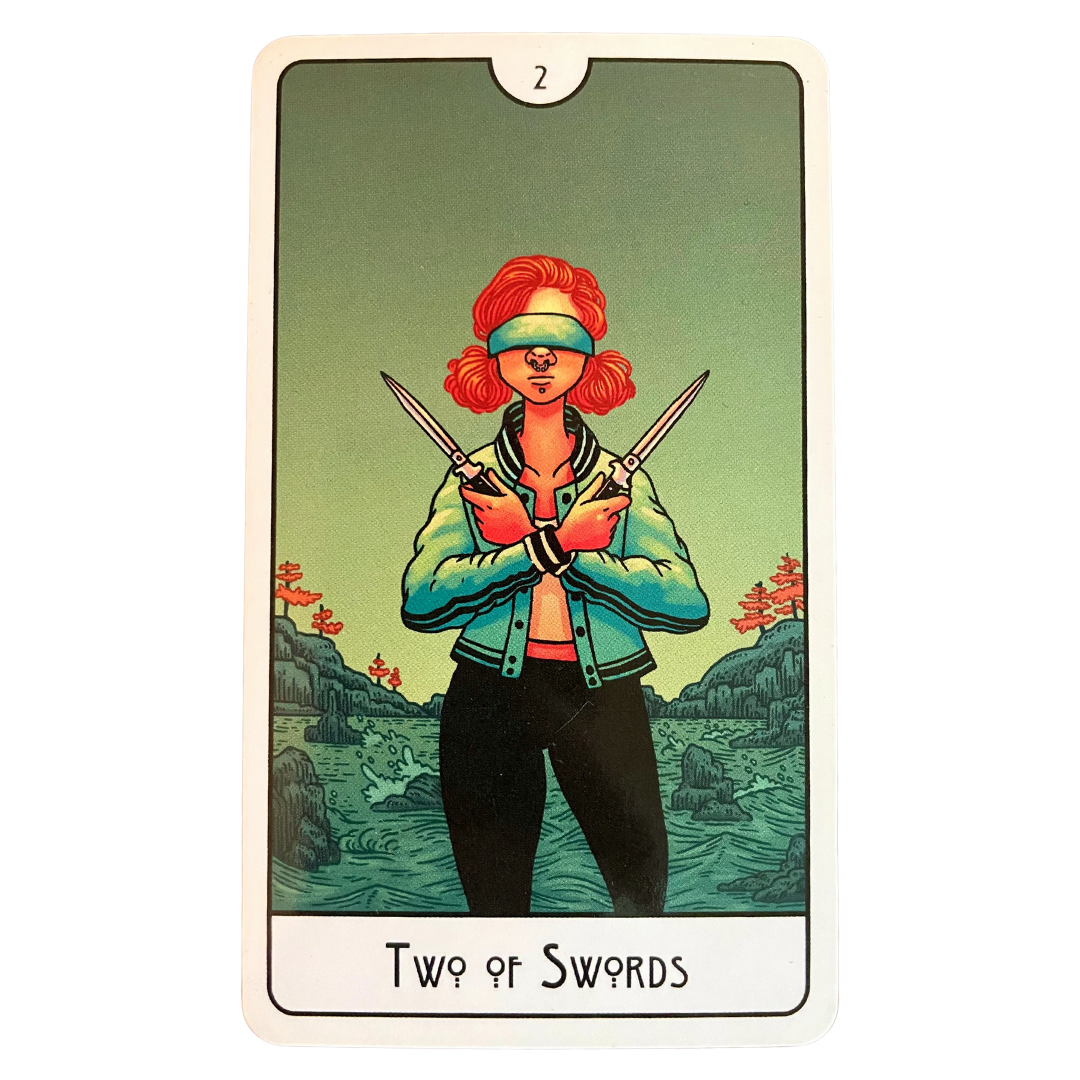 This Might Hurt Tarot Two of Swords, a modern take, the blindfolded figure is standing with two daggers held across their chest, water, land and trees behind them