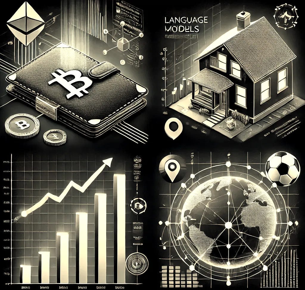 A sleek and futuristic collage without text, representing four key sectors where large language models (LLMs) are applied. In one section, display a secure digital wallet with blockchain nodes to symbolize cryptocurrency transaction security. In another section, feature a house with a price tag or an upward graph to depict real estate sales price prediction. A third section should show a soccer ball, a scoreboard, and data points to represent sports prediction. The final section should display a globe with geographic gridlines, satellite imagery, and map symbols to highlight geospatial analysis. The design should be clean and modern with AI and data-inspired elements, blending these sectors together visually.