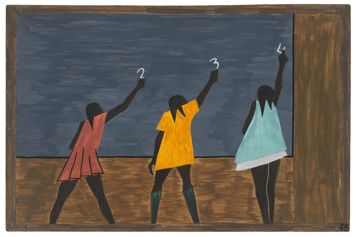 Jacob Lawrence, Panel 58 of "The Migration Series": "In the North the Negro had better educational facilities," 1940–41, casein tempera on hardboard. ©2015 THE JACOB AND GWENDOLYN KNIGHT FOUNDATION, SEATTLE/ ARTISTS RIGHTS SOCIETY (ARS), NEW YORK/DIGITAL IMAGE ©THE MUSEUM OF MODERN ART/LICENSED BY  SCALA/ART RESOURCE, NEW YORK