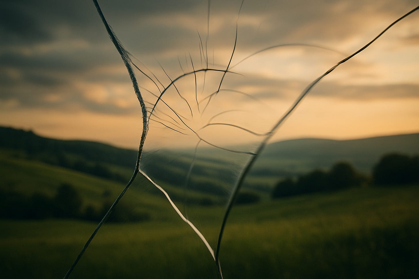 Cracked glass distorting a blurred countryside at sunset, symbolizing Reality Drift and the subtle warping of perception through synthetic realness, filter fatigue, optimization traps, and the great flattening of culture.