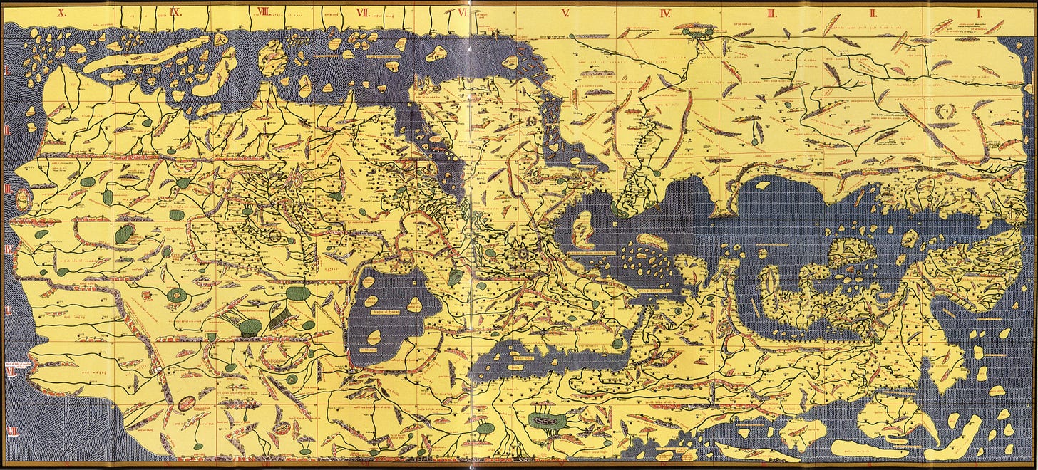 Reconstitution de la carte du géographe Muhammad al-Idrisi, intitulée Tabula Rogeriana, dessinée pour Roger II de Sicile en 1154. La carte est orientée vers le sud. 