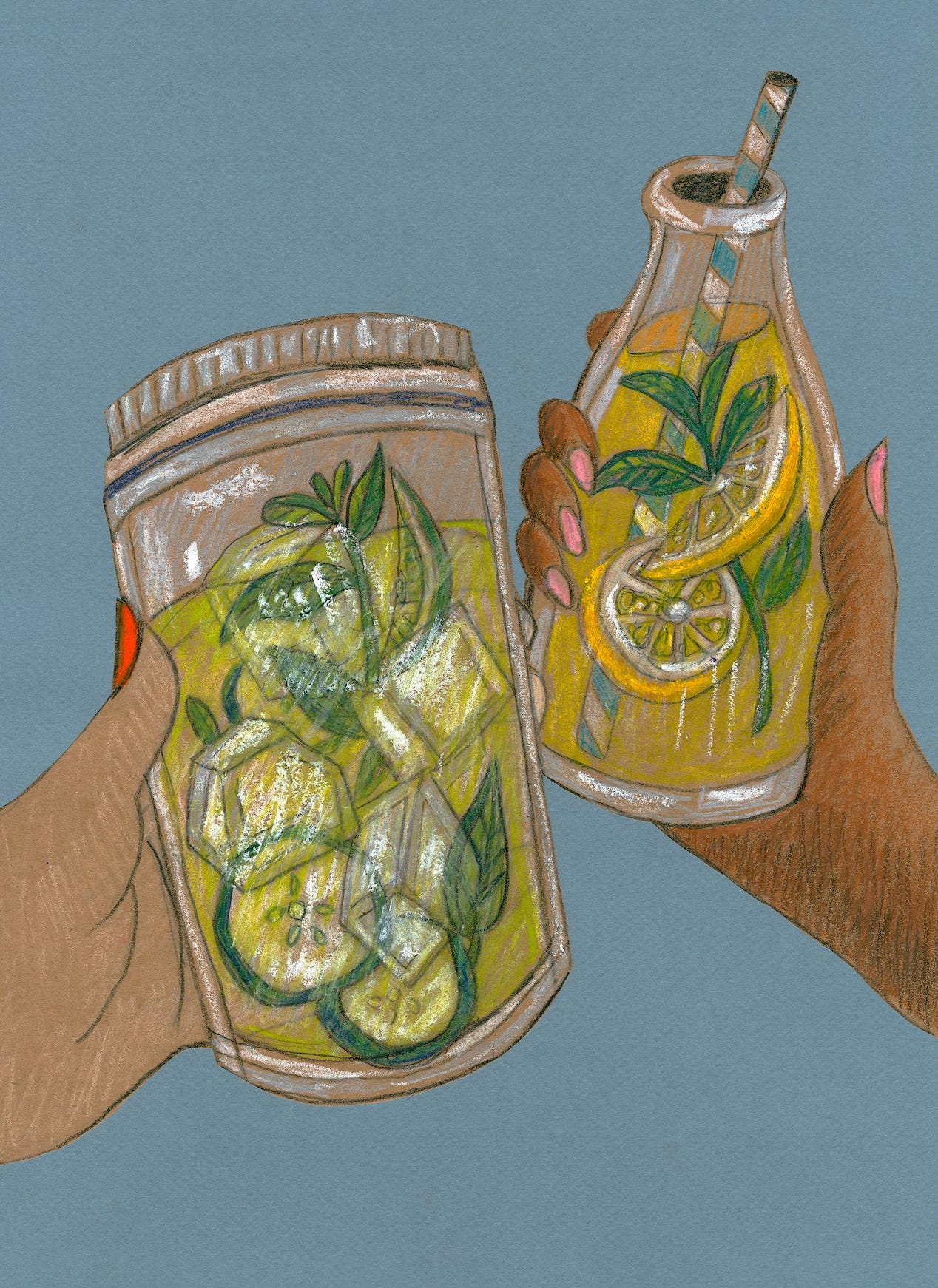 Two hands clinking jars of cucumber-mint water and citrus lemonade against a blue background. 