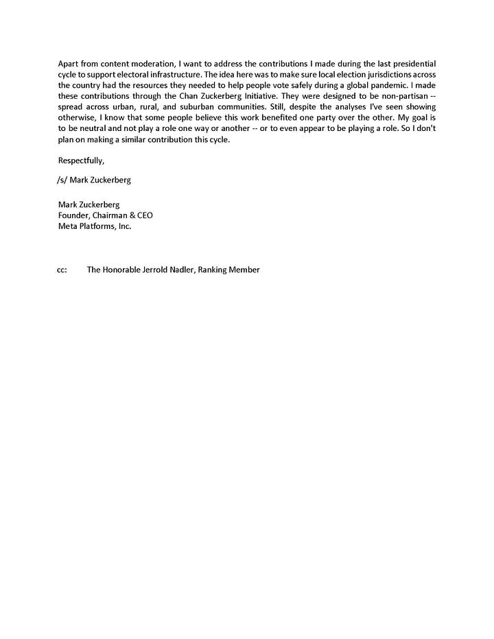 Zuckerberg / META statement to Jim Jordan