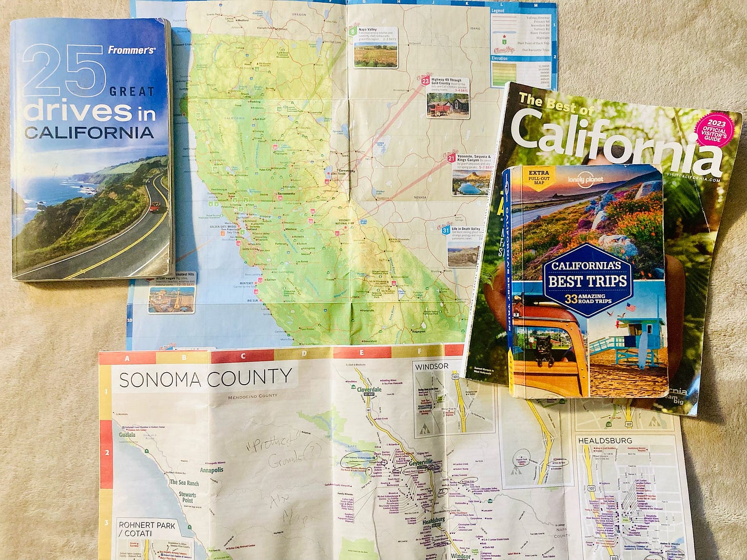 A collection of California maps and travel books.