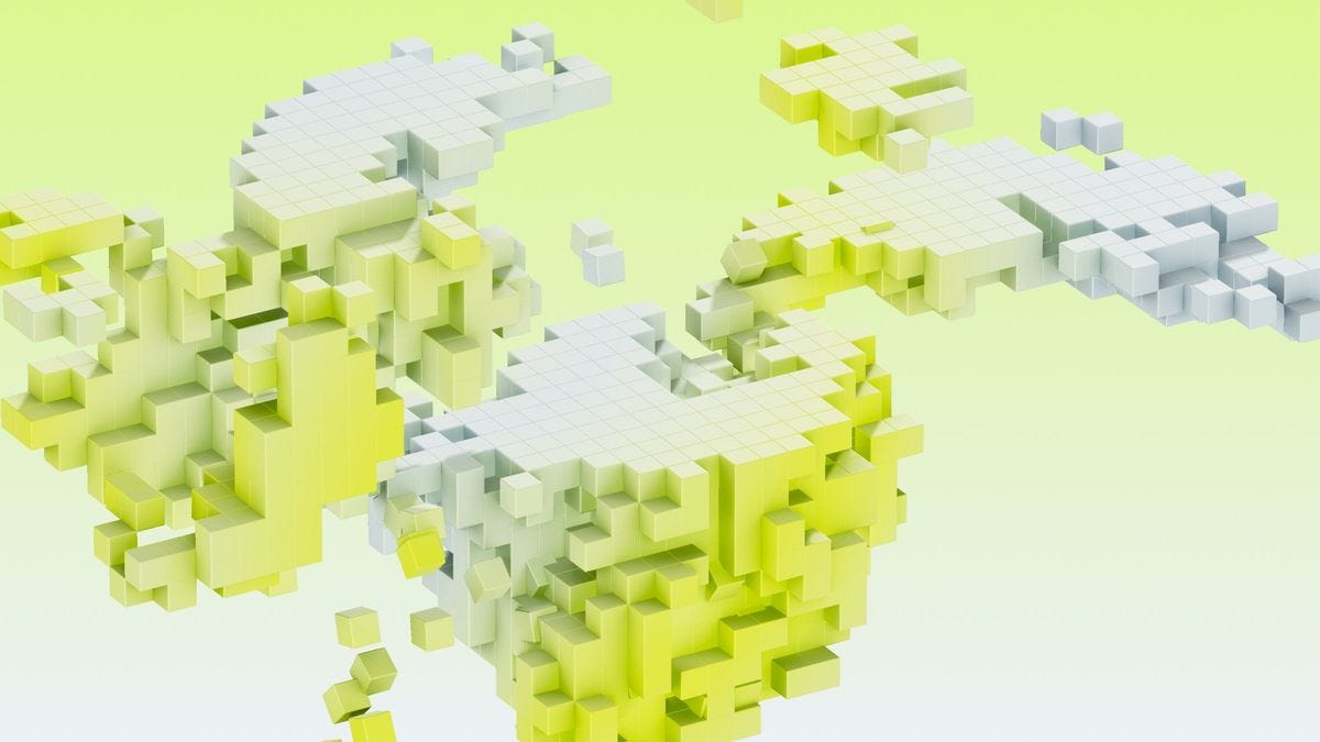 Abstract illustration of white and lime voxel blocks assembling into cell-like shapes on a pale green background