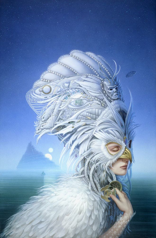 A queen in ornate headdress and white feathered cloak holds out two metal trinkets. One is reminiscent of a biohazard symbol. The other is a star chart with two crosses. The beak of her mask and contour around her eyes stand out in muted gold. Otherwise the painting is very cool in tone. An opal is set on her forehead, over more feathers the sweep outward. White braid fall around her delicate, pale face. Placid green-blue water extends behind her to a sailboat and a tiered city that rises like a lopsided pyramid. A sun emerges from behind the city with another smaller orb not far ahead of it in ascension. In the upper right, a fan shaped spacecraft glides the heavens.