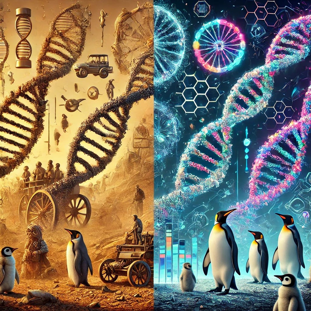 A futuristic and historical representation of DNA strands. On the left, depict DNA in a historical context with a rustic, ancient look, using earthy tones and primitive symbols. In the center, show a transition with DNA evolving, featuring a blend of old and new elements. On the right, illustrate DNA in a futuristic setting with high-tech, sleek designs and neon colors. Include penguins in the scene, interacting with the DNA strands in both the past and future settings, symbolizing their adaptation over time. The image should be detailed and colorful, highlighting the contrast between past and future.