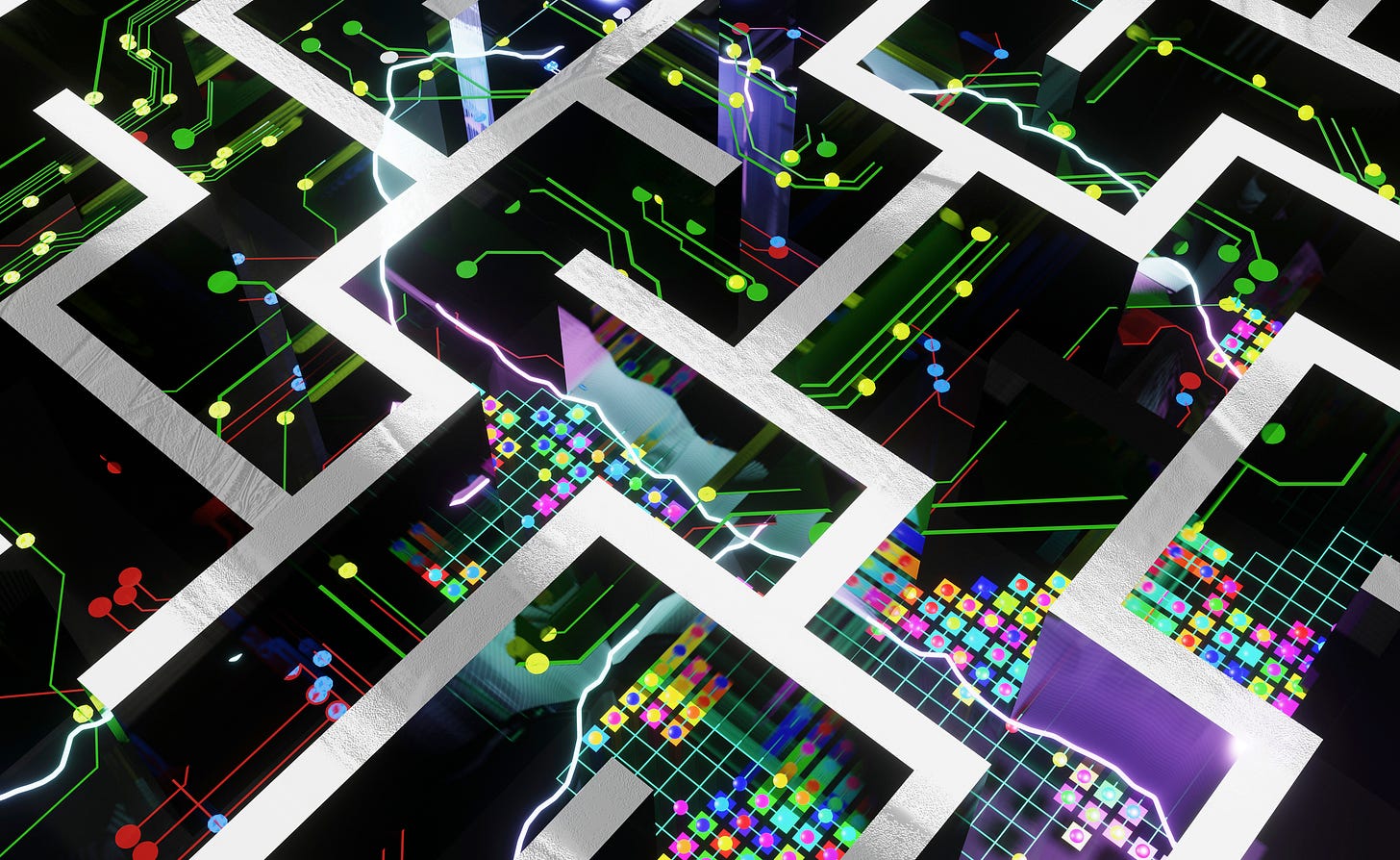 A 3d-rendered maze, showing choices, circuits, and branching paths