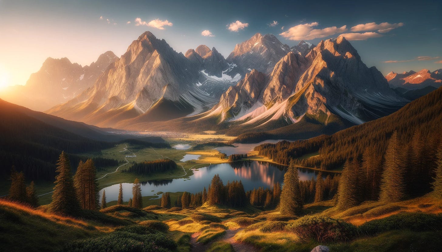 A breathtaking view of a mountain range during sunrise, with peaks bathed in golden light. The mountains are rugged and majestic, with snow-capped summits and lush green valleys below. A clear blue sky with a few scattered clouds enhances the serene beauty. In the foreground, there's a calm lake reflecting the mountains and sky, and a trail winding through a meadow of wildflowers leading towards the mountains.