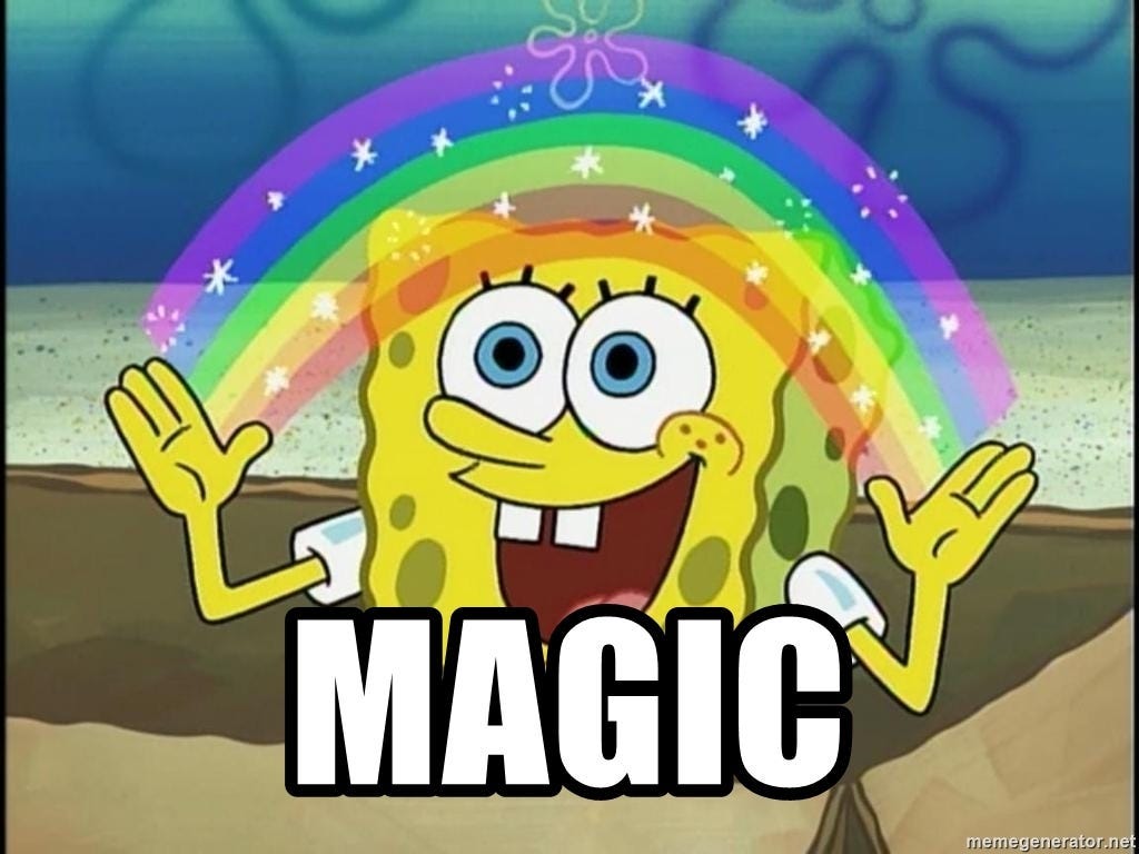 SpongeBob holding his hands out, smiling, with a rainbow between his hands. Below is the text MAGIC.