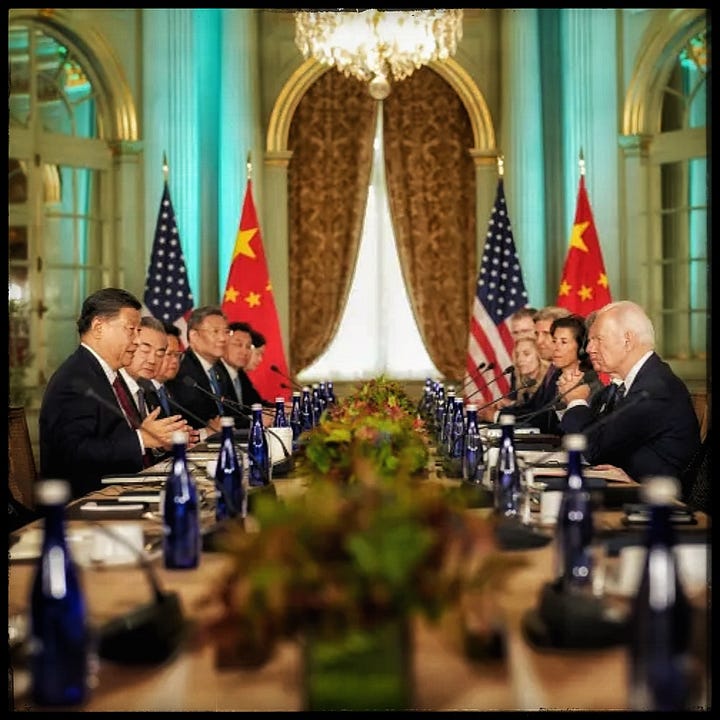 Left: Xi Jinping and Joe Biden summiting in the Filoli ballroom. Right: The same ballroom with two figures cloaked in shadow, just before the wedding ceremony. 