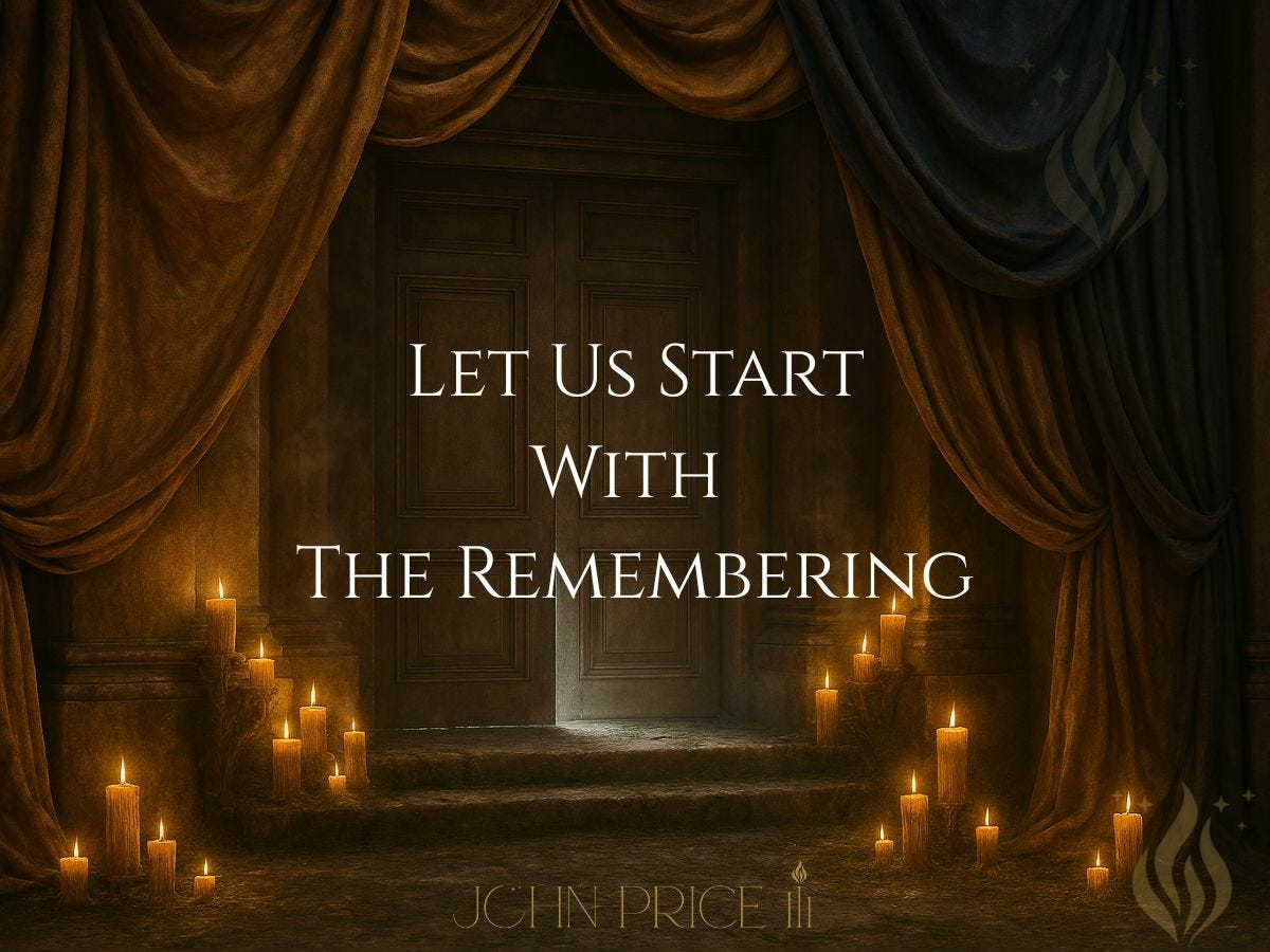 A candlelit temple doorway draped in golden and indigo cloth, illuminated by soft amber light — an invitation to begin the journey of remembering.