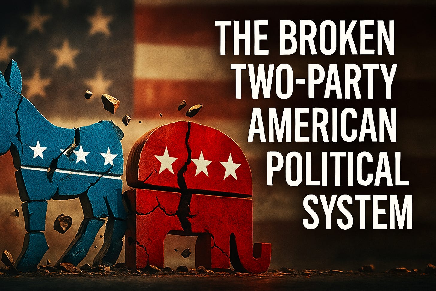 Cracked American flag with Republican elephant and Democratic donkey as shadowy giants