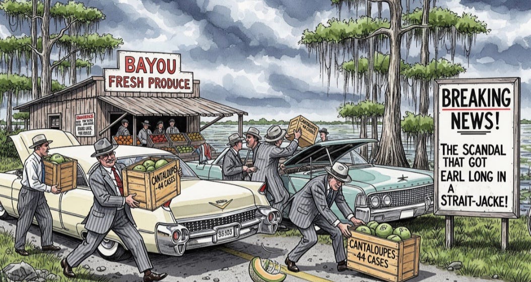 Image of motorcade drivers loading up cases of melons in cars.