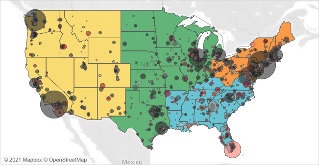 A dual layer choropleth map of the US. The background layer of the US is colored coded (Yellow, Orange, Green, and Blue) according to region, and bubbles are displayed on top of it in varying sizes and colors.