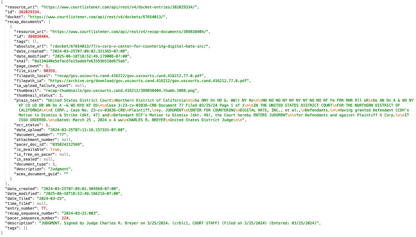 screenshot of JSON returned by the CourtListener API