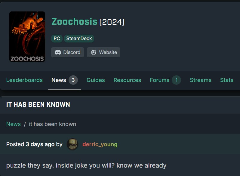 A screenshot of a news post for the game "Zoochosis". It simply reads: "puzzle they say. inside joke you will? know we already"