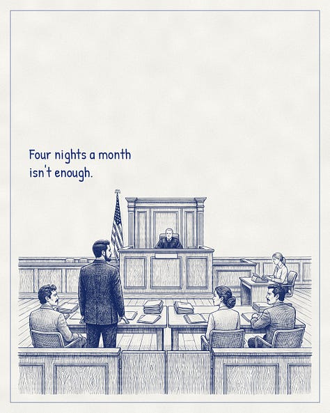Blue-ink illustrated conversation. A father stands before a judge in a Texas custody hearing.