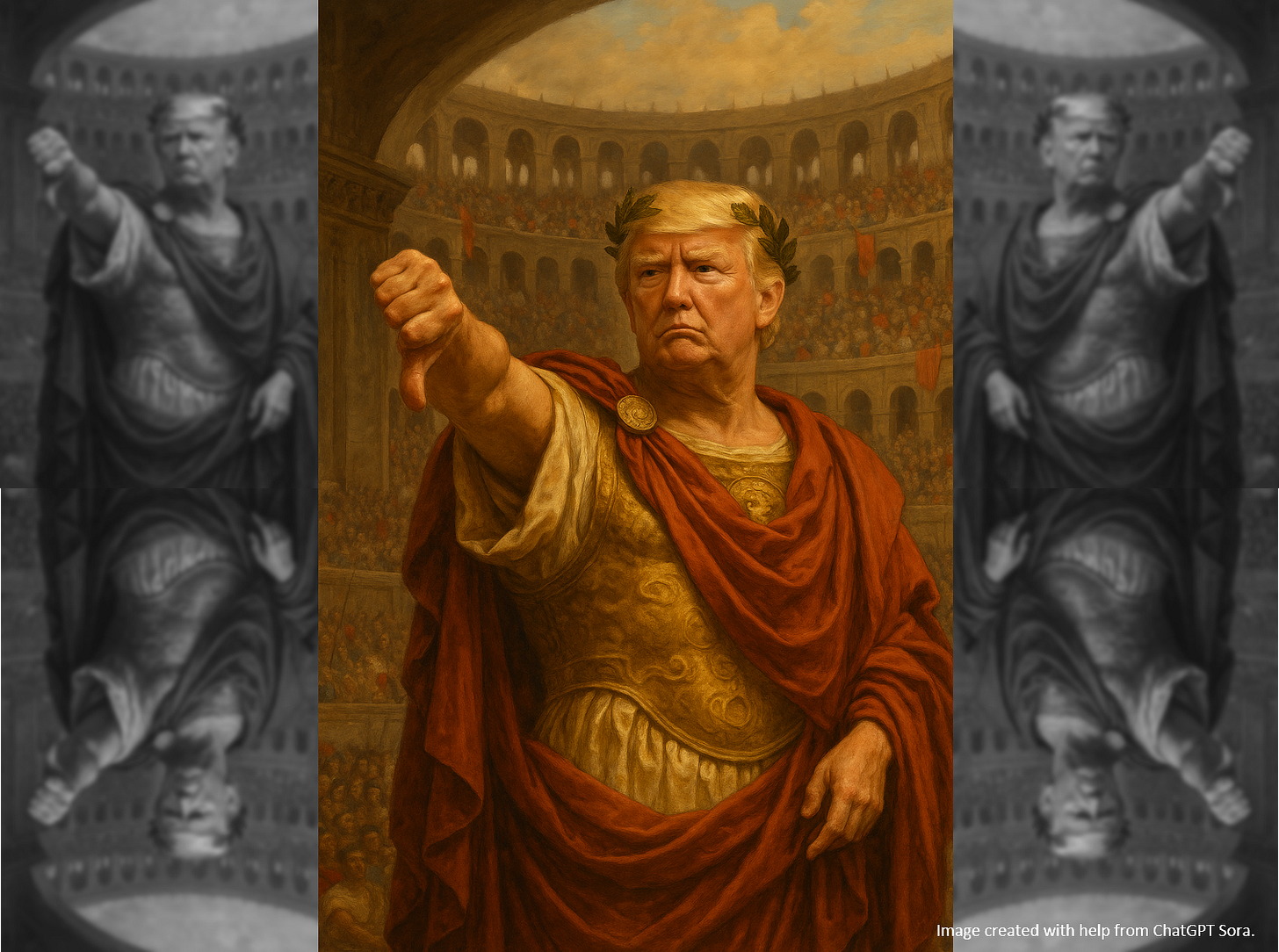 Donald Trump, portrayed as a Roman emperor standing in a crowded colosseum, making a thumbs-down gesture.