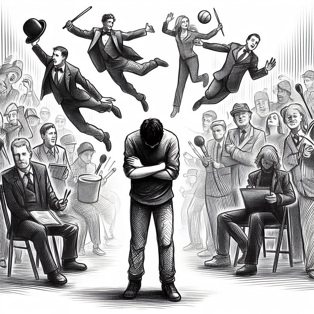 man standing dejected surrounded by people who are better than him