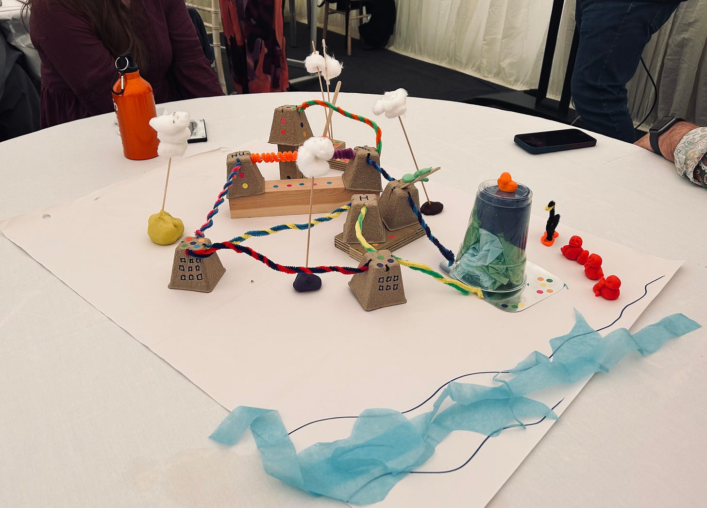A model made of little cardboard planting pots, pipe cleaners, cotton wool and wooden blocks. A pale blue crepe paper Tyne river flows past it. The pots are upturned and made to look like buildings, the cotton wool represents clouds. Colourful pipe cleaners twist between buildings representing pipes. It is a model of a proposed art installation.