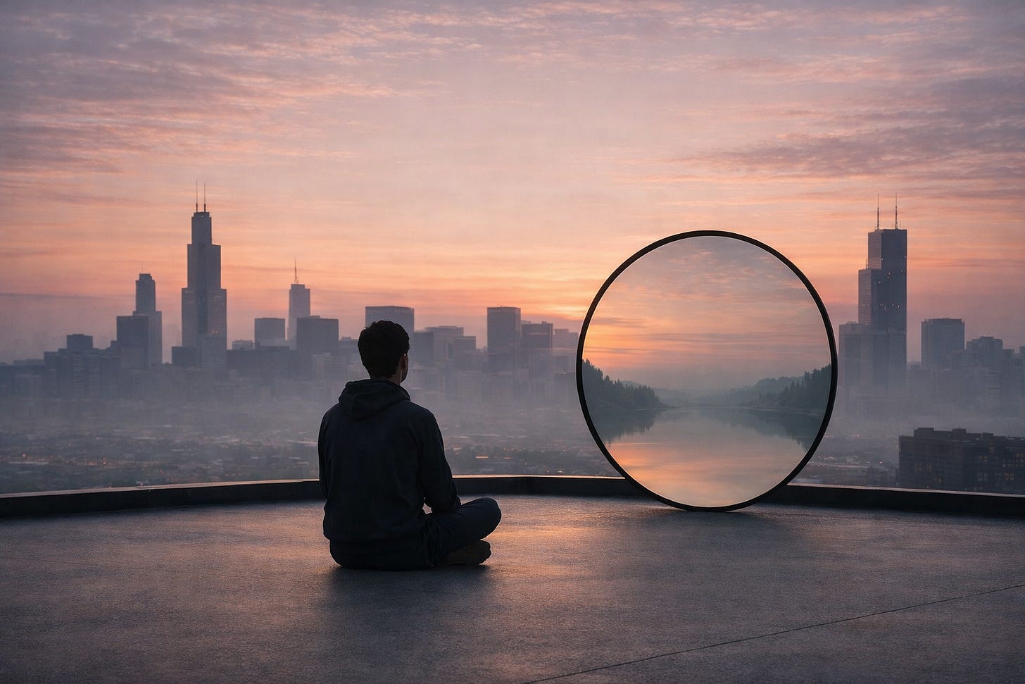Person on a rooftop at dawn facing a round mirror that reflects a tranquil lake, with a hazy city skyline behind