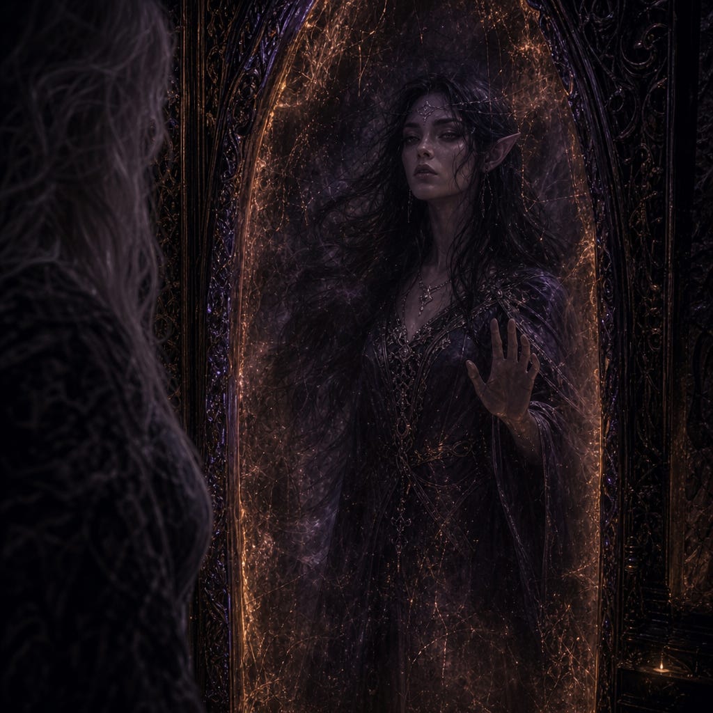 Vision of Patrina in amber wall, tall dusk-elf woman with raven hair, intense dark eyes, pointed ears, obsidian and violet palette, ghostly reflection
