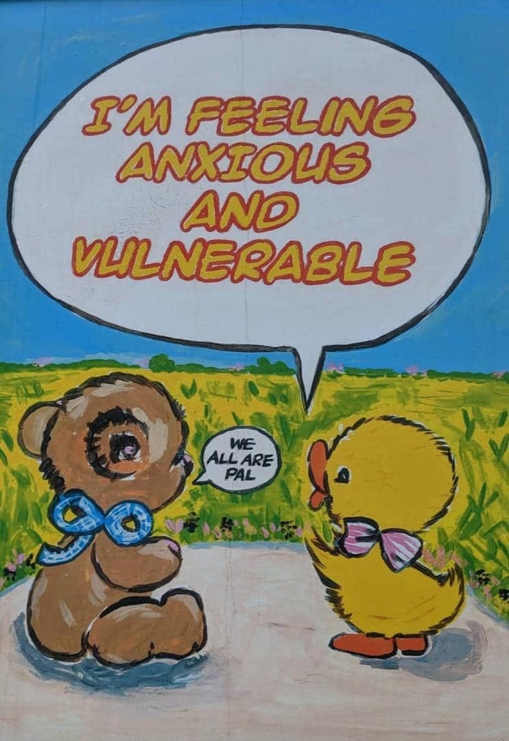 Cartoon duck telling a cartoon bear that it is feeling anxious and vulnerable. The cartoon bear responds that we all are. Art is in the form of old-school comic. Cartoon duck telling a cartoon bear that it is feeling anxious and vulnerable. The cartoon bear responds that we all are. Art is in the form of old-school comic.