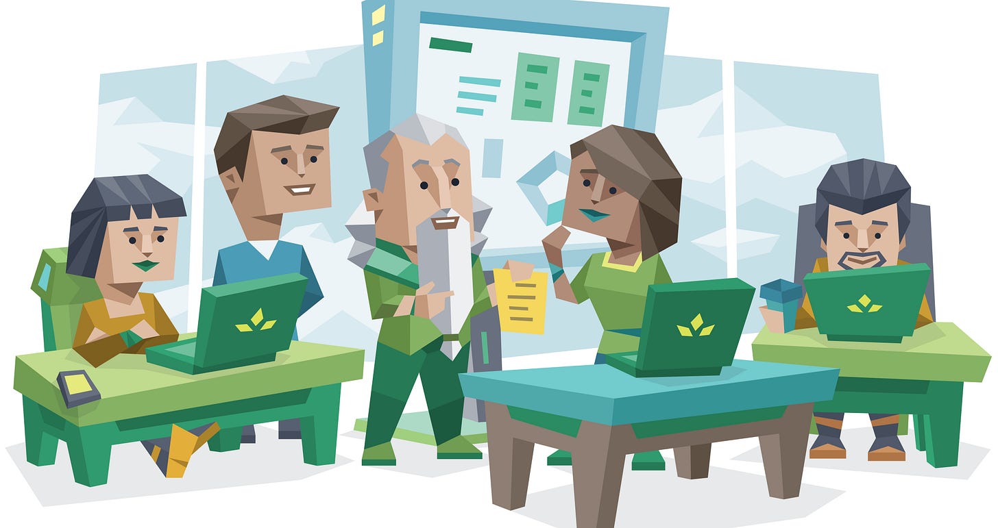 An INFJ (Advocate) man holding a list while collaborating with four colleagues in an office setting. The group is discussing work while using laptops at desks.