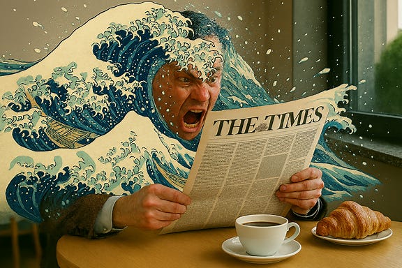 Angry man in a cafe reading a newspaper.