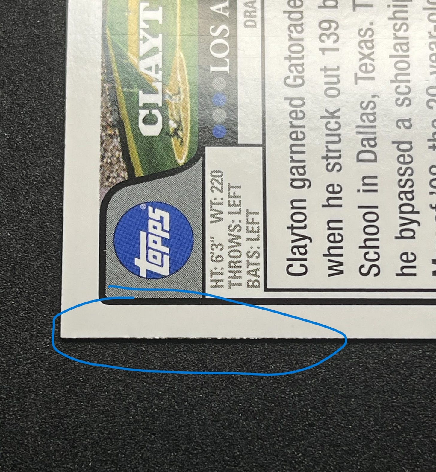 Example of jagged edge for PSA grading on 2008 Topps Update Clayton Kershaw rookie card. Example of jagged edge for PSA grading on 2008 Topps Update Clayton Kershaw rookie card.