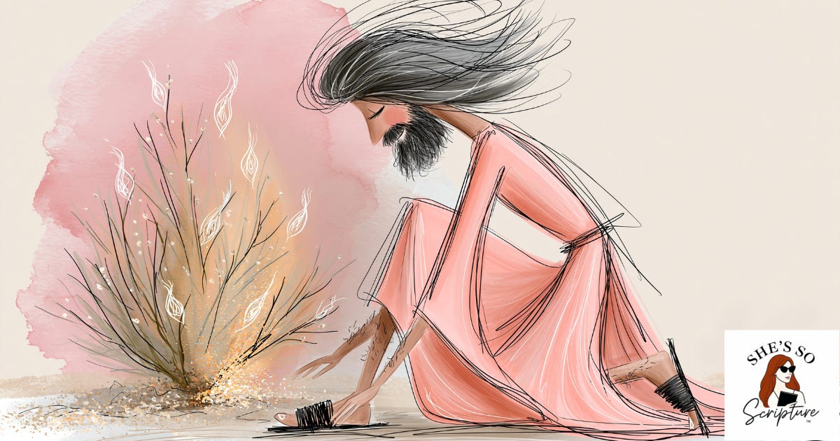 Whimsical illustration of Moses kneeling before the burning bush, removing his sandal in reverence, from Exodus 3. Whimsical illustration of Moses kneeling before the burning bush, removing his sandal in reverence, from Exodus 3.