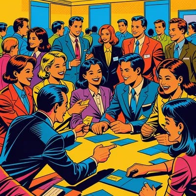 A group of professionals in a brightly lit, vintage-style comic book networking event. The scene is filled with diverse individuals engaging in lively conversations, exchanging business cards, and laughing, all rendered in bold, colorful inks and halftone patterns reminiscent of golden age comics.