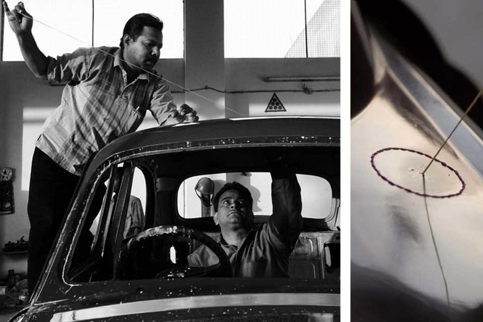 Indian artisans sewing the car