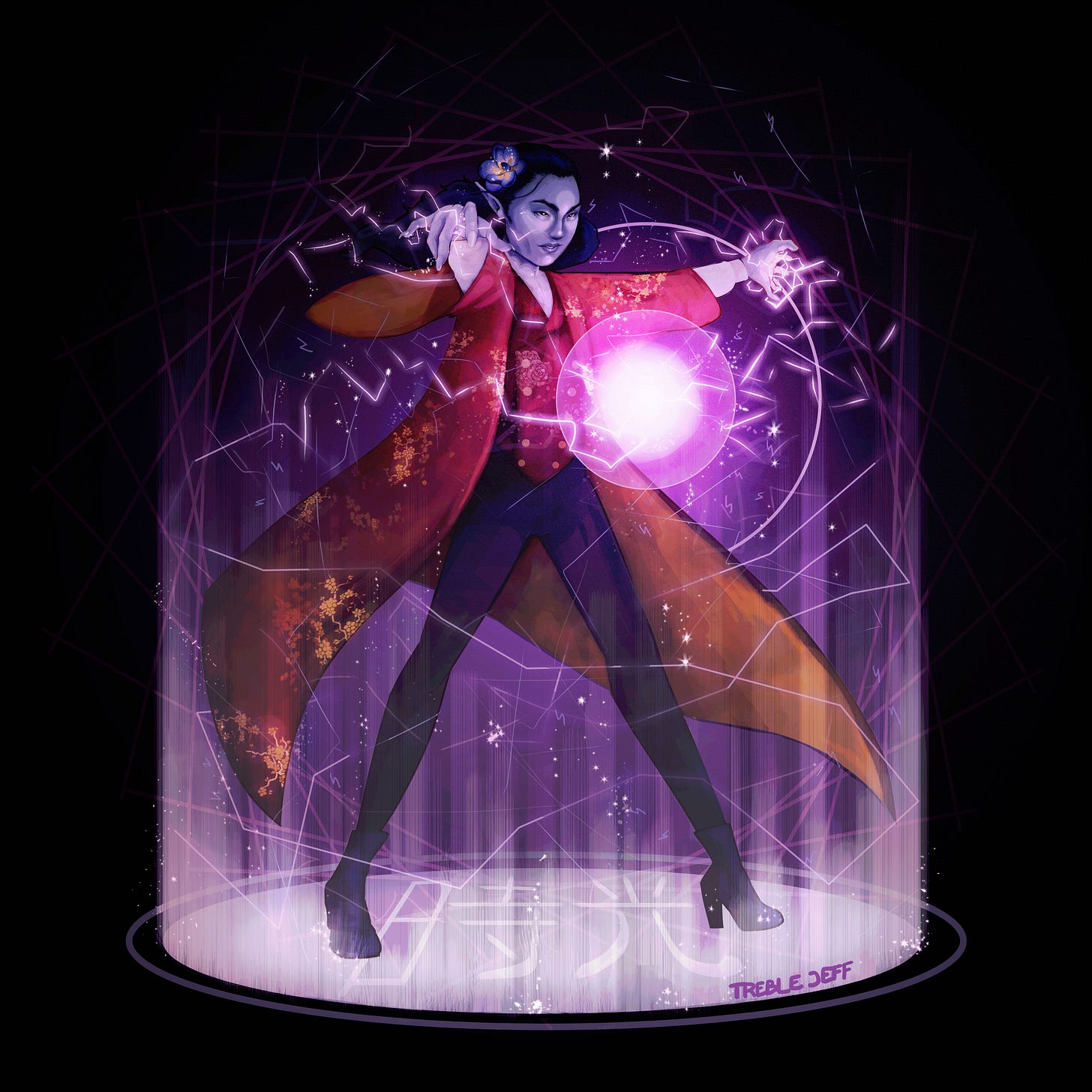 An illustration of Ptemfuzhi, Sebastian’s D&D character. Ptem is a thin drow with purple skin, long black hair, and East Asian features. He wears a white blouse with lace detail, a red silk waistcoat, tight black trousers, and black heeled boots. She stands with her legs apart and his hands out around a ball of white lightning energy. An illustration of Ptemfuzhi, Sebastian’s D&D character. Ptem is a thin drow with purple skin, long black hair, and East Asian features. He wears a white blouse with lace detail, a red silk waistcoat, tight black trousers, and black heeled boots. She stands with her legs apart and his hands out around a ball of white lightning energy.