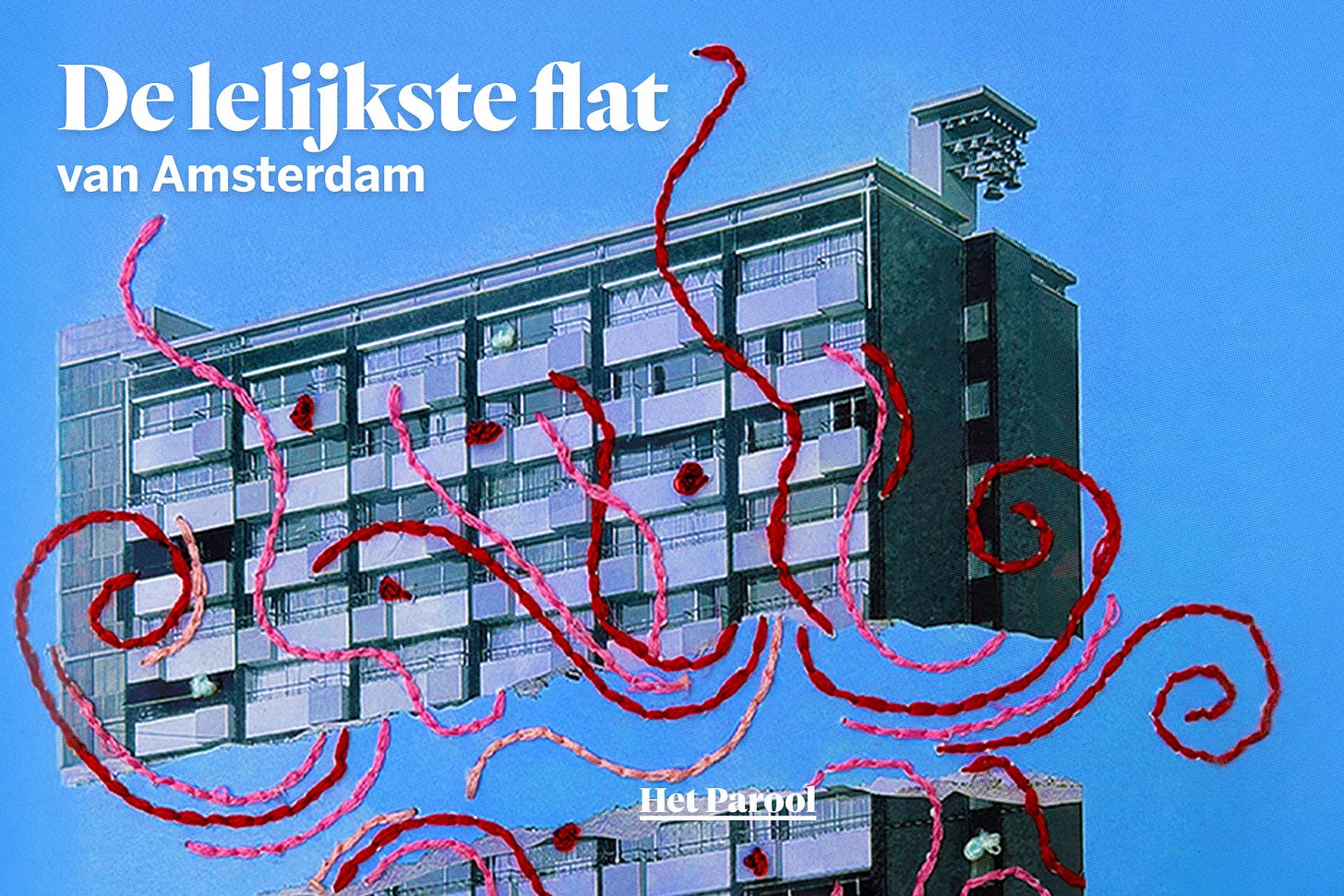 Podcast cover art voor "De lelijkste flat van Amsterdam" van Het Parool. De afbeelding is een mixed-media collage tegen een helderblauwe lucht, bestaande uit een zwart-wit foto van een brutalistisch flatgebouw met veel balkons en een opvallende carillon-achtige structuur op het dak aan de rechterkant. De foto is gedeeltelijk bedekt en omgeven door abstracte rode en roze wollen draden die in wervelingen, spiralen en kriebels zijn gestikt over het gebouw en de lucht, met een paar kleine rode stipjes en een roze knoopje op de balkons. De tekst "De lelijkste flat van Amsterdam" staat linksboven in witte schreefletters, en "Het Parool" staat rechtsonder in kleiner wit lettertype. Podcast cover art voor "De lelijkste flat van Amsterdam" van Het Parool. De afbeelding is een mixed-media collage tegen een helderblauwe lucht, bestaande uit een zwart-wit foto van een brutalistisch flatgebouw met veel balkons en een opvallende carillon-achtige structuur op het dak aan de rechterkant. De foto is gedeeltelijk bedekt en omgeven door abstracte rode en roze wollen draden die in wervelingen, spiralen en kriebels zijn gestikt over het gebouw en de lucht, met een paar kleine rode stipjes en een roze knoopje op de balkons. De tekst "De lelijkste flat van Amsterdam" staat linksboven in witte schreefletters, en "Het Parool" staat rechtsonder in kleiner wit lettertype.