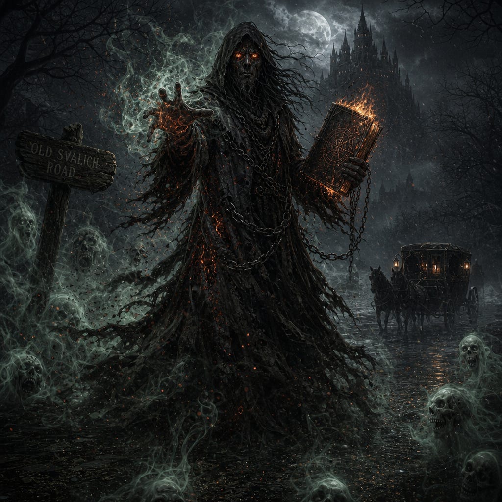 Varnyx the Hollow—Barovian deathlock wreathed in necrotic fire, rotting robes, burning grimoire, mist swirling around him on the Old Svalich Road