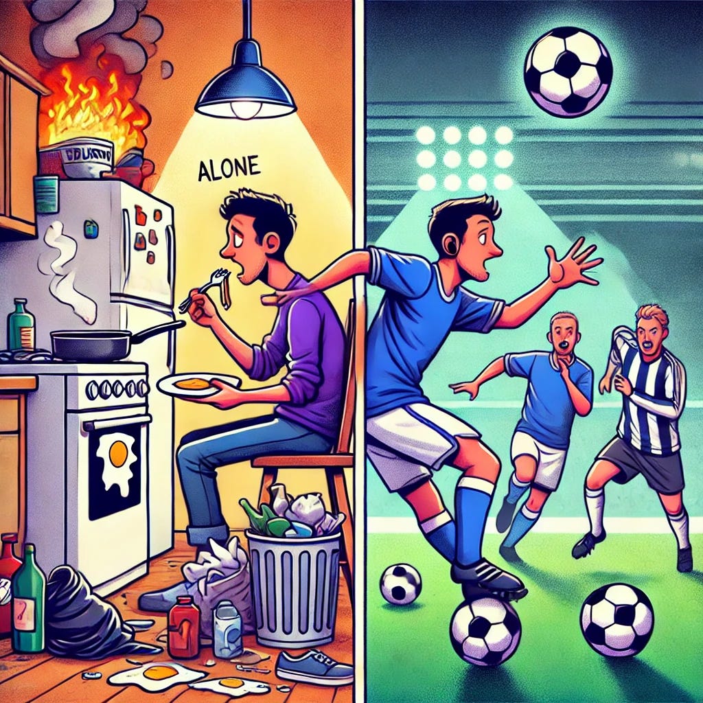 A cartoon-style illustration capturing the essence of living alone and the role of central midfielders in football. The image is divided into two interconnected scenes. On the left, a young man living alone struggles with household chores—burning an omelette, overflowing garbage, and frantically checking his empty fridge. On the right, a football match where a central midfielder is skillfully controlling the game, passing the ball, and keeping the team balanced. The two sides subtly merge, symbolizing how unseen efforts in both football and life are crucial but often unnoticed. The style is fun, vibrant, and expressive, with exaggerated emotions for a humorous yet insightful touch.