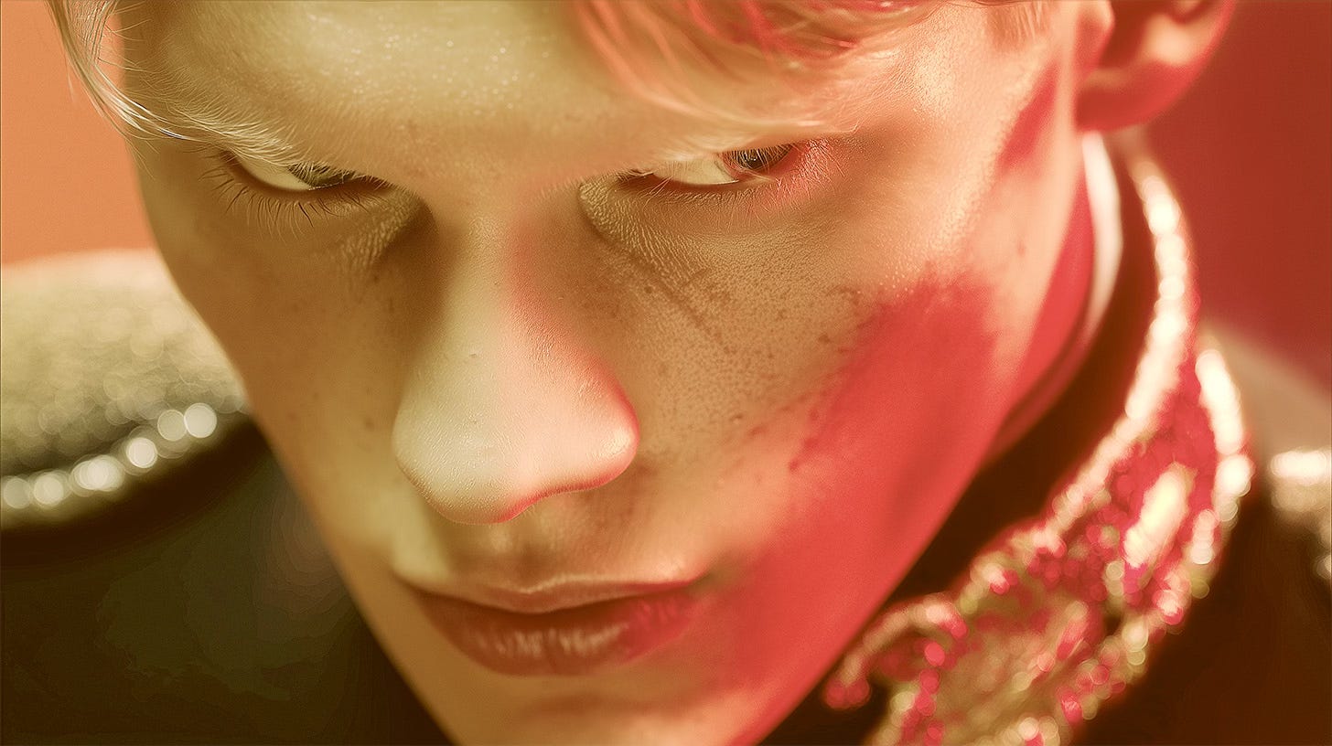 Close-up of a young man in formal military attire, face tense and downward-cast, lit by warm red and gold light highlighting strained emotion and fine detail.
