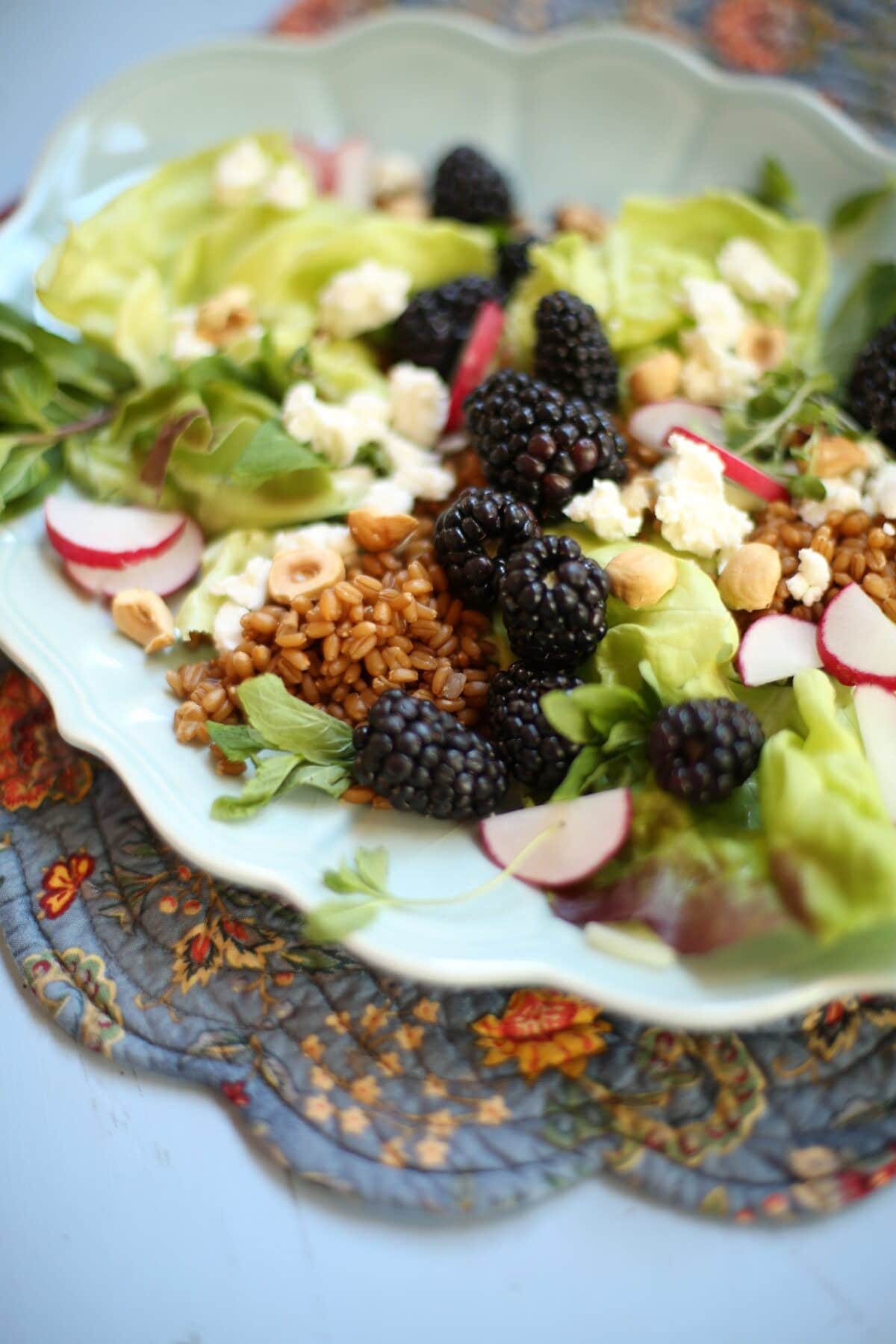 close up of balckberry salad with grains and hazlenuts and goat cheese and radish on a blue plate and table 