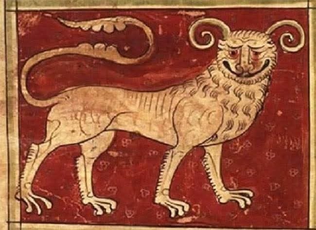 Medieval painting of a lion that doesn't have the right proportions