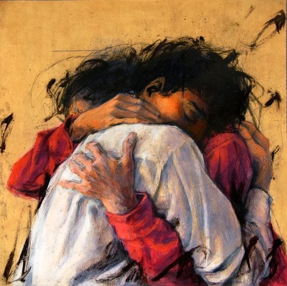 This may contain: a painting of two people hugging each other