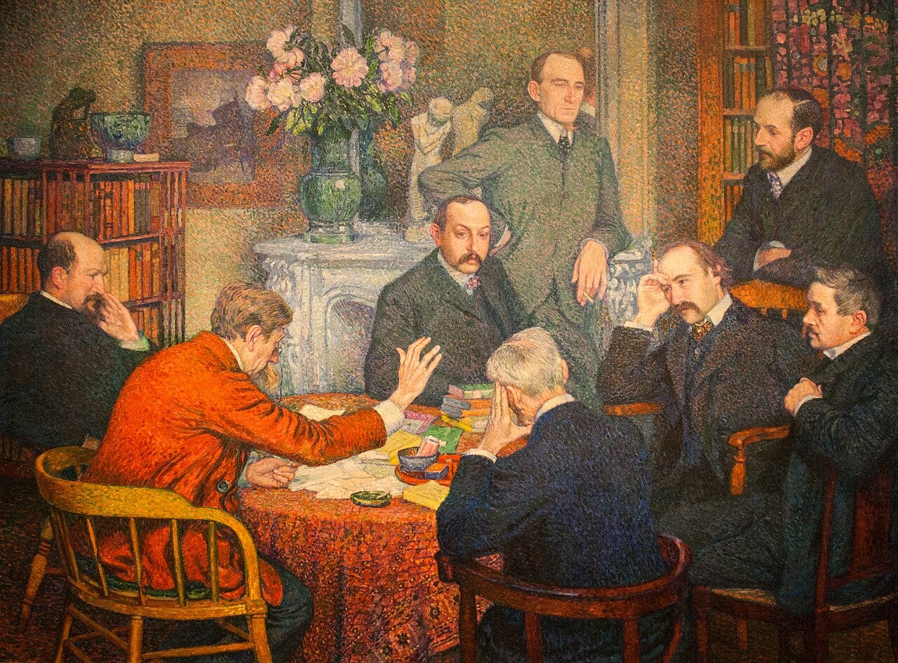 A circle of men listening to a poet read aloud by lamplight A circle of men listening to a poet read aloud by lamplight