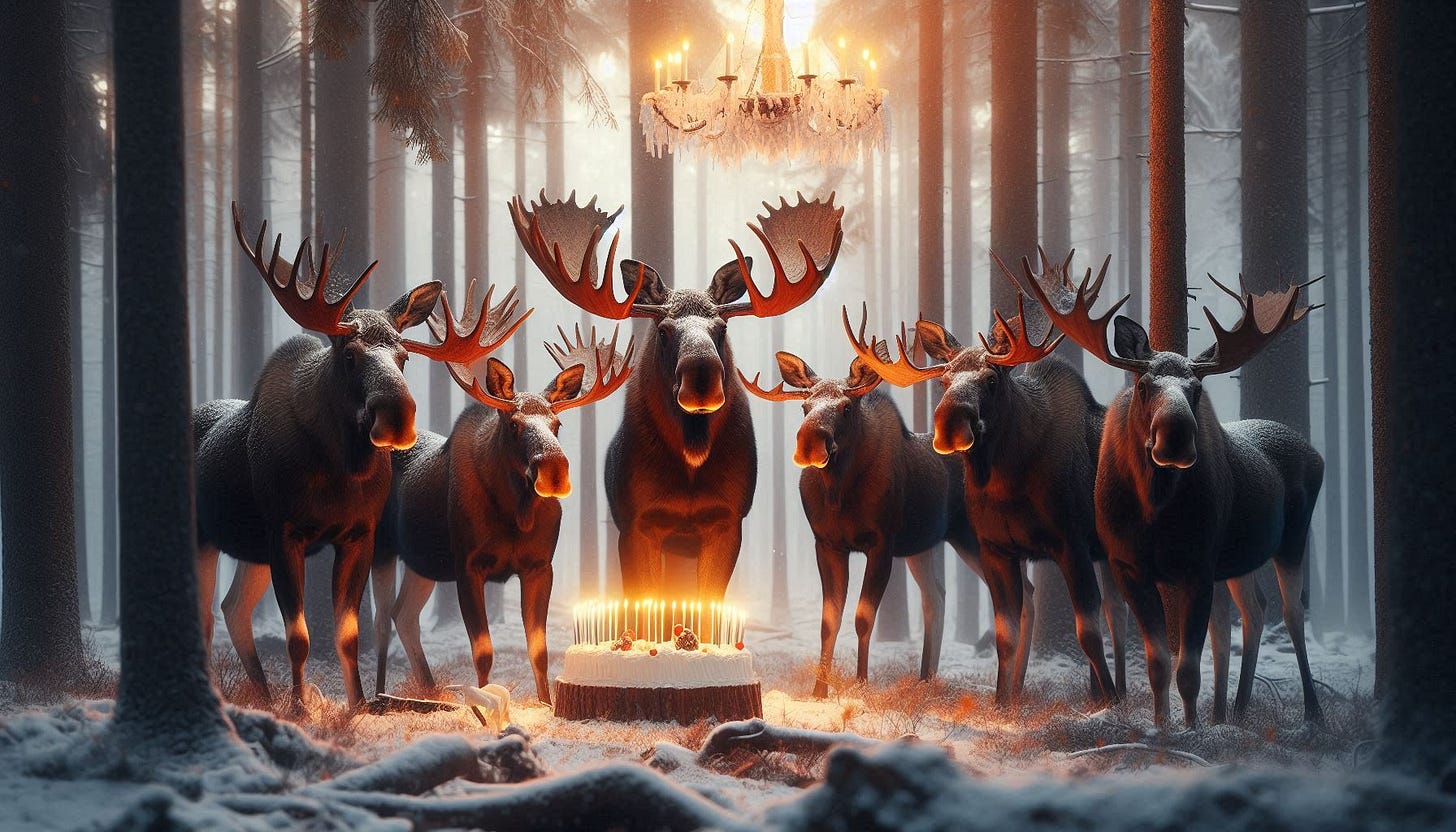 A group of moose standing around a cake in the woods

AI-generated content may be incorrect.