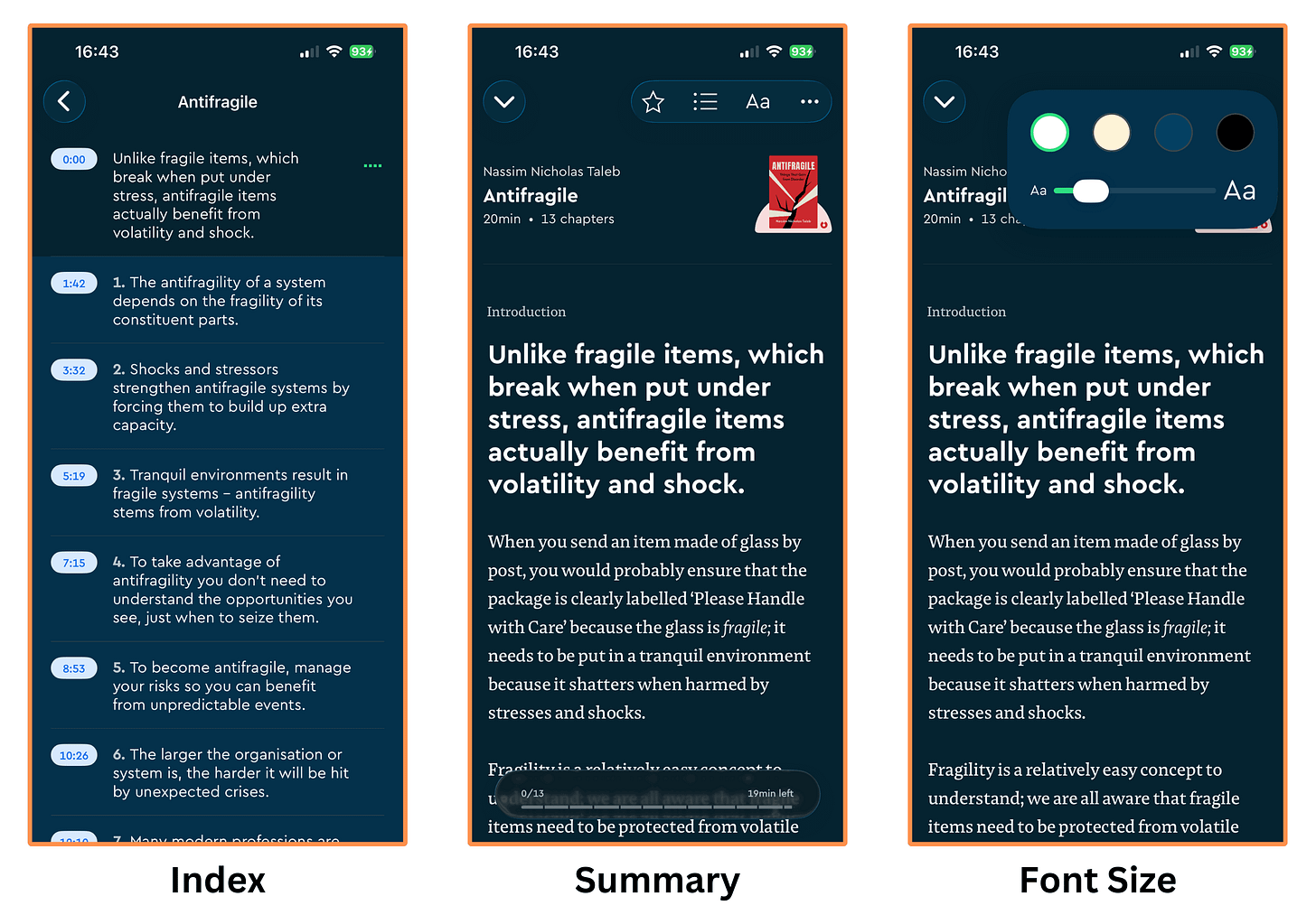 Blinkist’s “key ideas” for the book Antifragile (mobile app + dark mode)