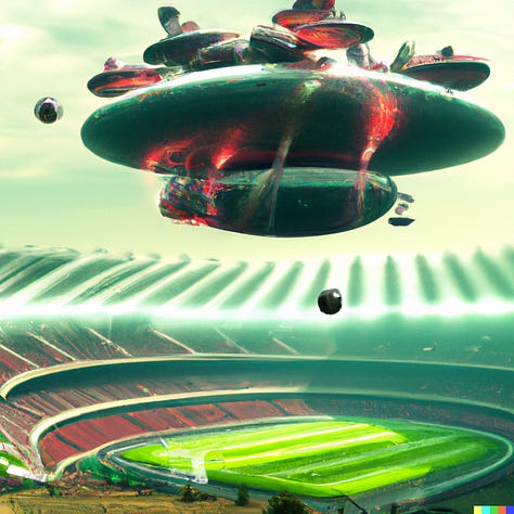 "Futuristic football (soccer) stadium, crowded, various styles"