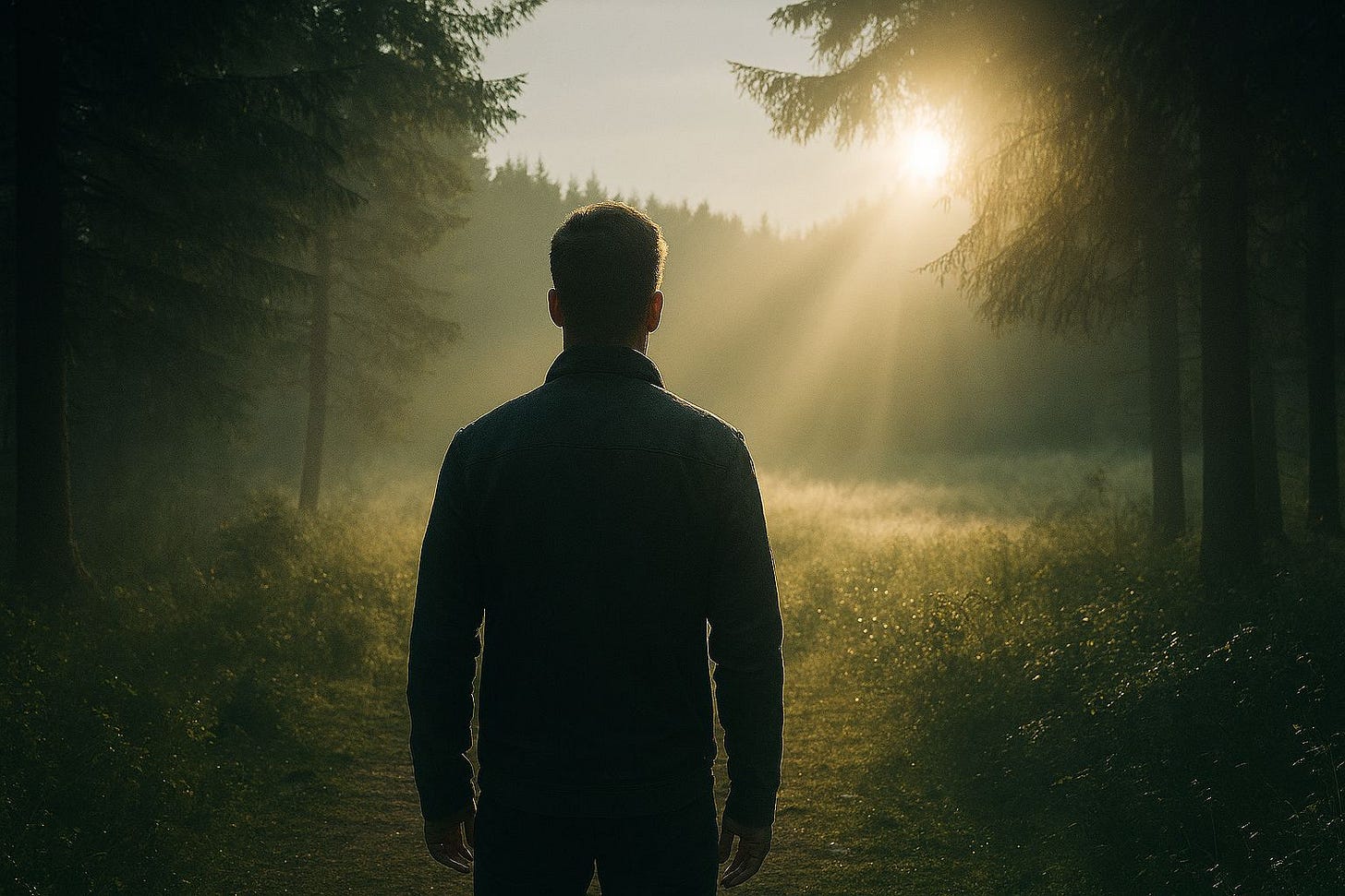 A person's silhouette seen from behind, standing at the edge of a dark, misty forest, looking out towards a sunlit, open field. The atmosphere is tense but hopeful, symbolizing the choice between staying in a place of fear and stepping into one's own power.