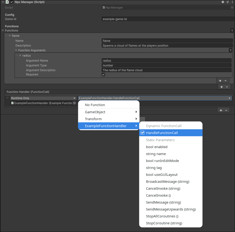 Selecting HandleFunctionCall in the UnityEvent dropdown