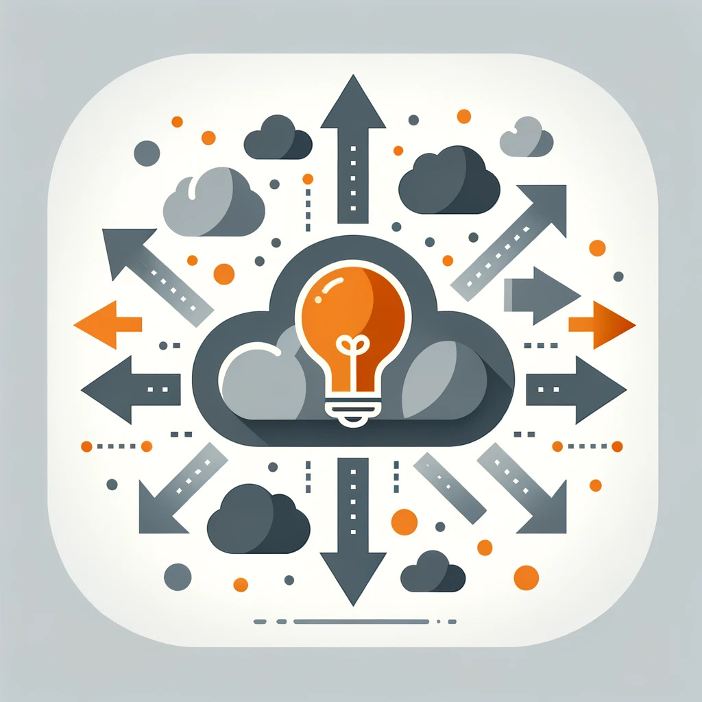 A minimalist and modern design featuring multiple small idea clouds in grey, each with arrows pointing towards one large idea cloud. The central, larger cloud should be depicted in orange, symbolizing a focal point of concepts or solutions. The color scheme should be restricted to orange and grey, emphasizing a sleek, clean aesthetic with simple shapes and a clear directional flow of ideas.