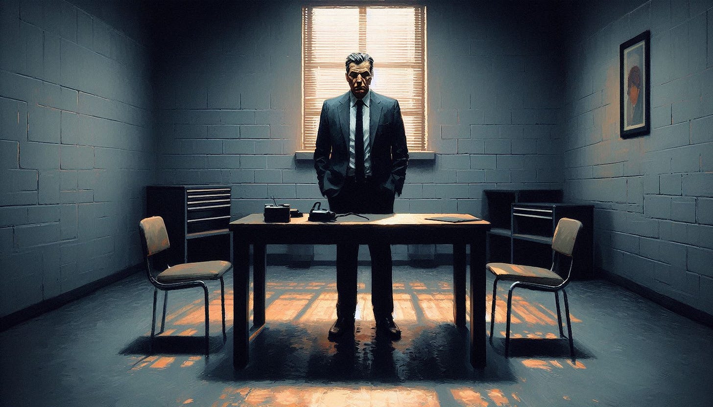 A 50-something intimidating man in a suit stands in a bleak police interrogation room that contains nothing but a table and two metal chairs. Landscape mode. Slight impressionist style.